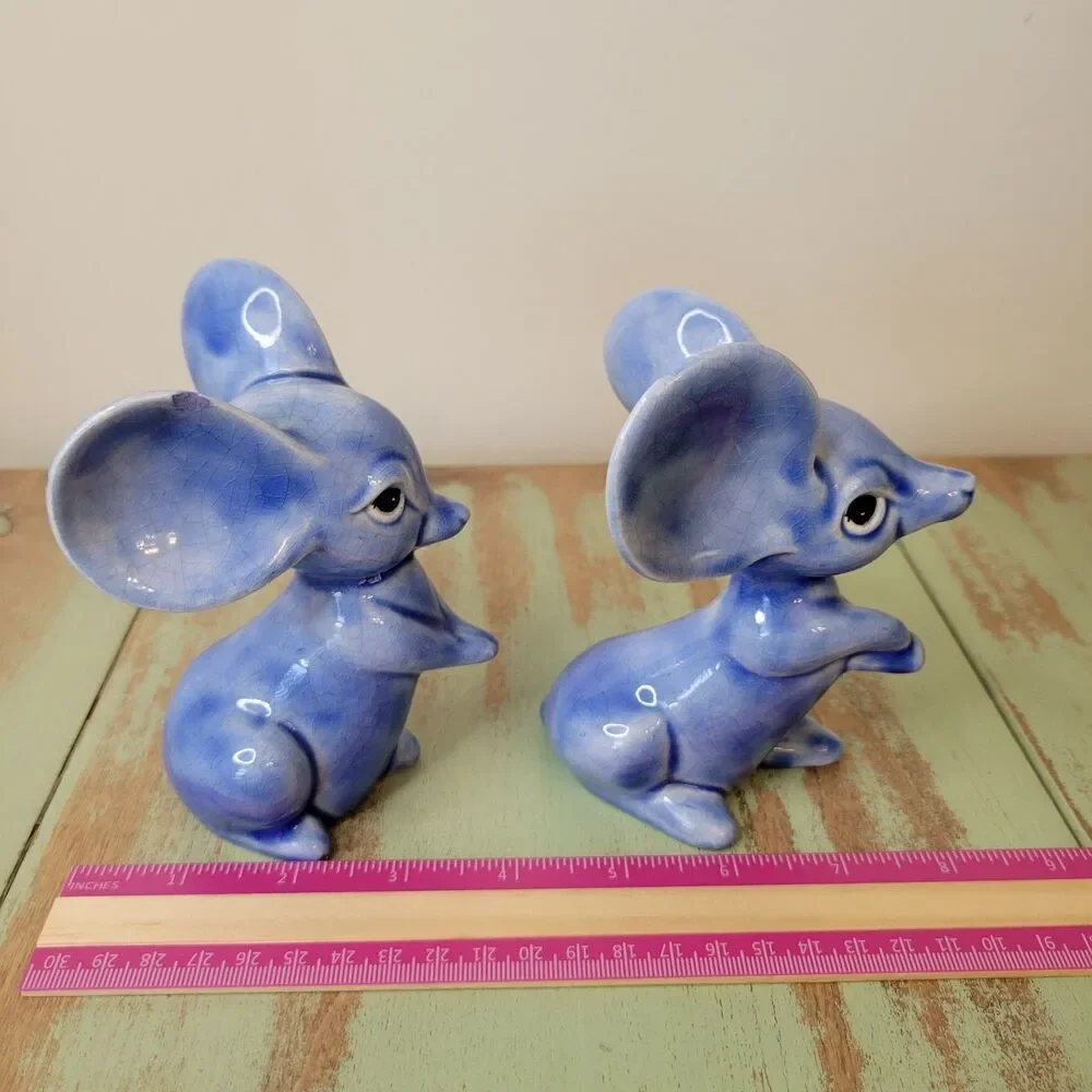 Blue Mouse Ceramic Figurine Pair